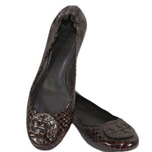 Tory Burch Reva Brown Patent Leather Ballet Flats Size 10.5 Snake Embossed Shoe
